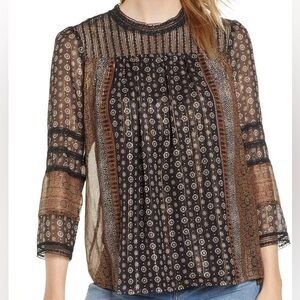 Lucky Brand Lurex Border Print Women's Sheer Black and Brown‎ Top